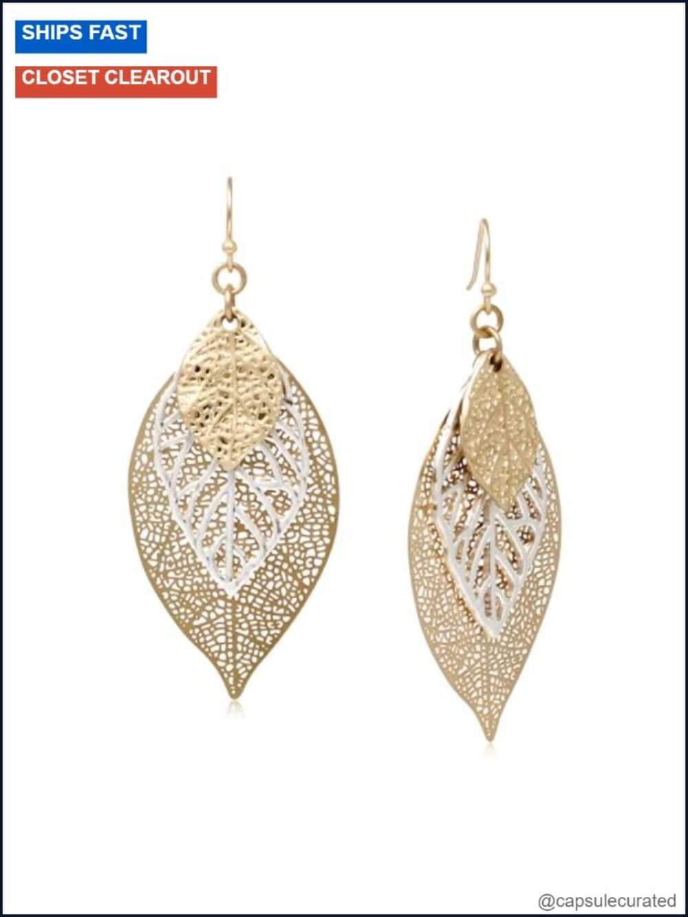 Leaf Dangle Drop Earrings Gold Silver Two Tone Filigree